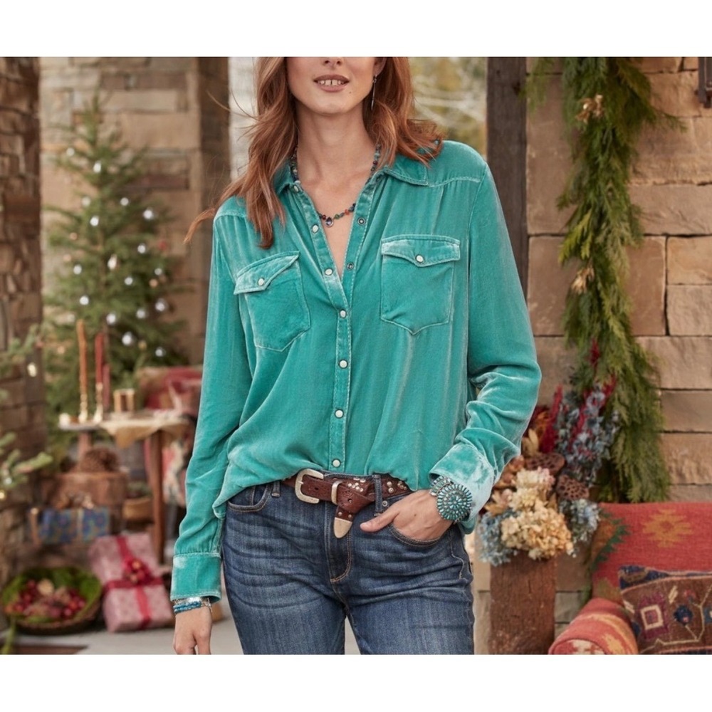 Sundance Odina Velvet Top Womens Large Green Teal Silk Blend Western Snap Front
